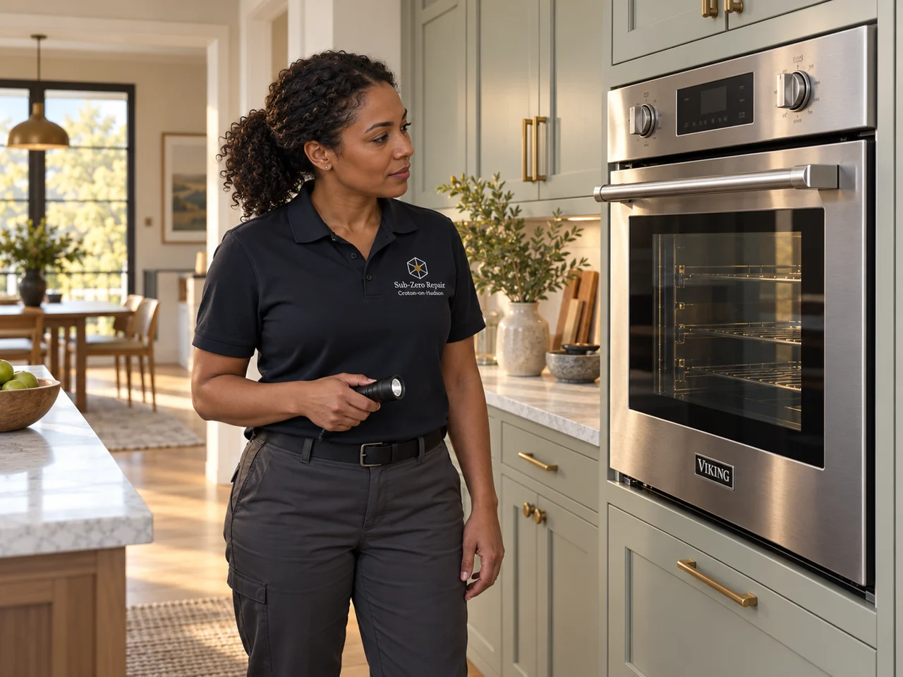 Illustration of a technician wearing the Sub-Zero Repair Croton-on-Hudson logo beside a Viking oven