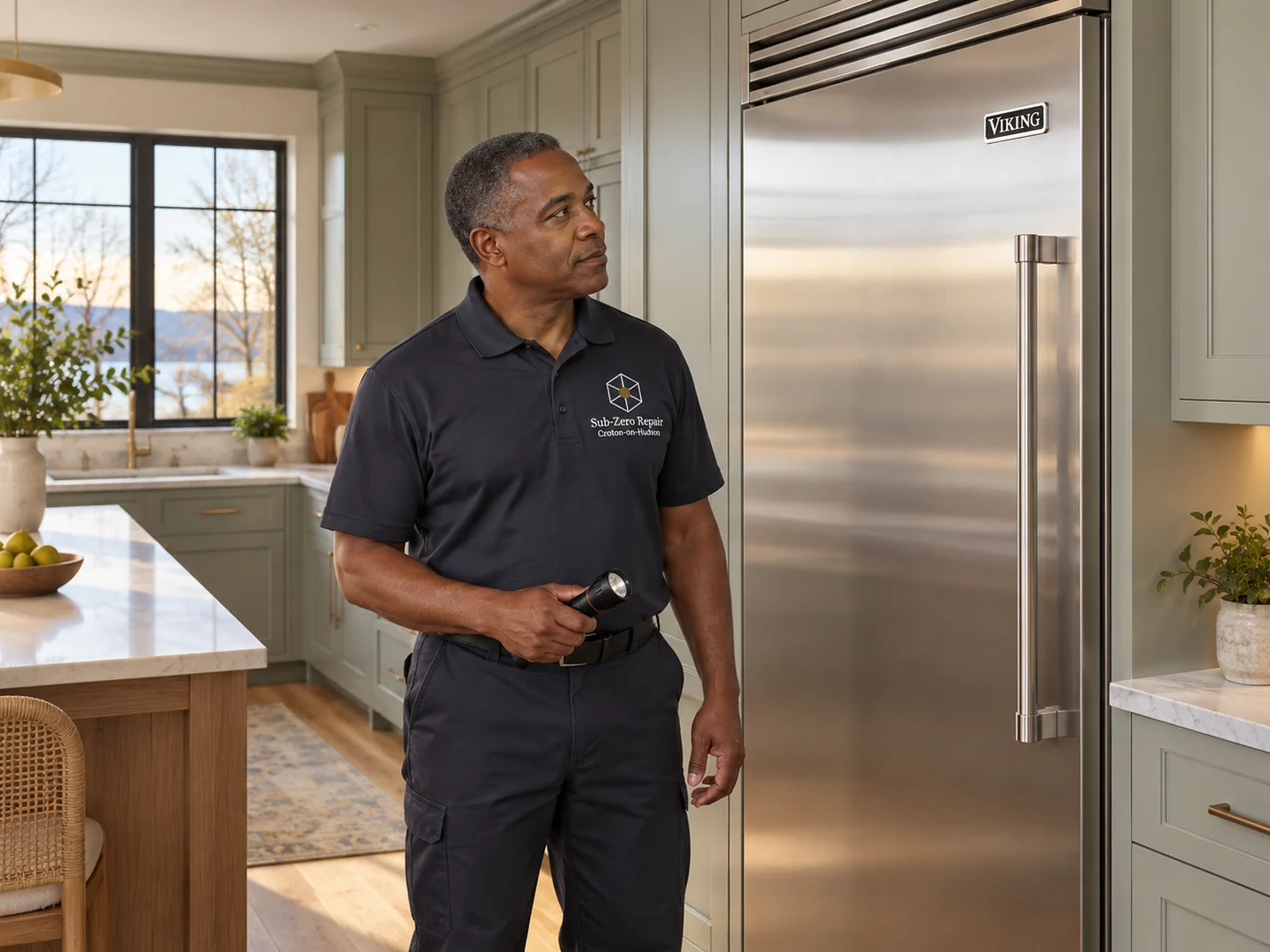 Illustration of a technician wearing the Sub-Zero Repair Croton-on-Hudson logo beside a Viking refrigerator
