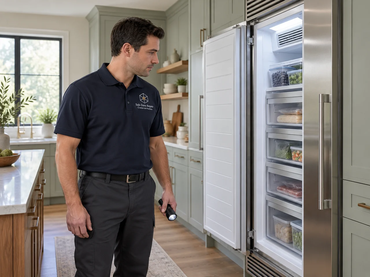 Illustration of a technician wearing the Sub-Zero Repair Croton-on-Hudson logo beside a Sub-Zero freezer