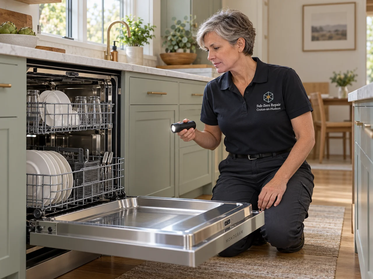 Illustration of a technician wearing the Sub-Zero Repair Croton-on-Hudson logo beside a Monogram dishwasher